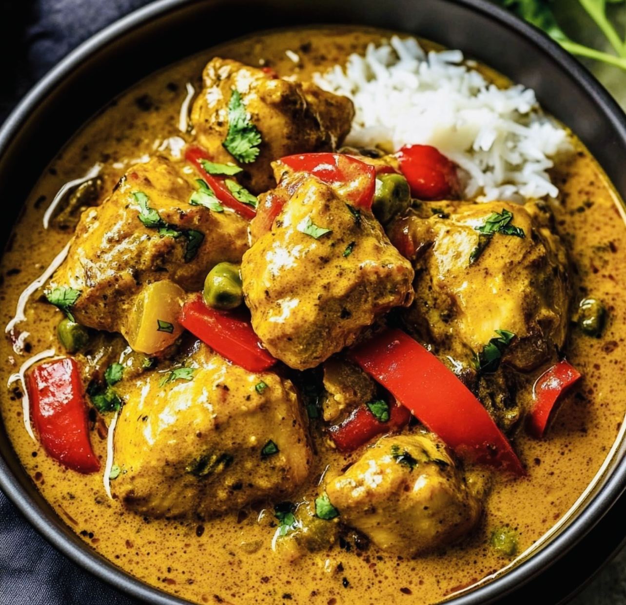 Chicken curry with peppers, peas and rice